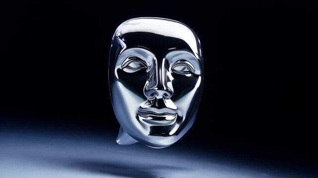 Artistic animation of silver liquid metal transforming and morphing into a human face shape