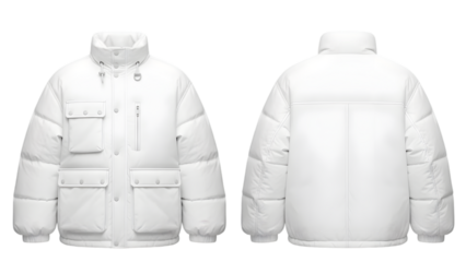White puffer jacket with pockets and high collar isolated on transparent background