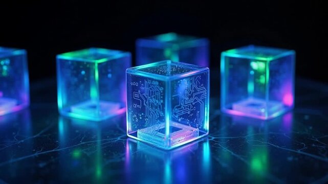 Glowing blue and green circuit board cubes on dark background