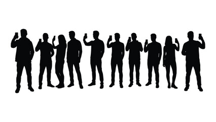 A line of people in various poses captured as a striking black silhouette