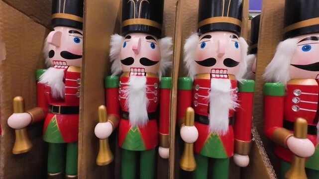 Wooden nutcracker figurines are displayed in a shopping center aisle. These traditional Christmas decorations are ready for purchase during the holiday season.