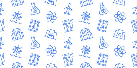 Seamless pattern of renewable energy sources including wind turbines, solar power, nuclear station, electric vehicle charging and fossil fuel gas canisters