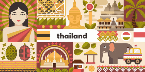 Naklejka premium Illustrative collage showcasing iconic symbols and landmarks of thailand
