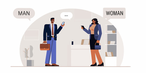 A man and woman communicating with mobile phones in a modern office setting