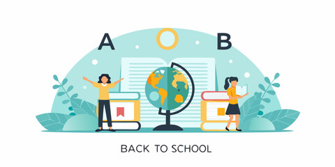 Back to school concept with globe books and students learning together