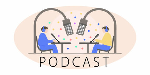 Two people recording a podcast with microphones in a studio setting