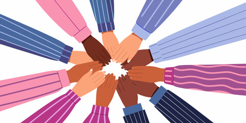 Diverse hands joining together in a circle symbolizing unity and collaboration