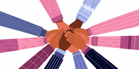 Diverse hands joined together in a circle symbolizing unity and collaboration