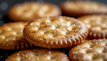 Crackers with visible salt crystals macro-style food shot