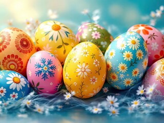 Colorful Easter eggs with floral patterns and a blurred background