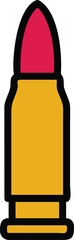 A stylized bullet with a red tip and yellow casing