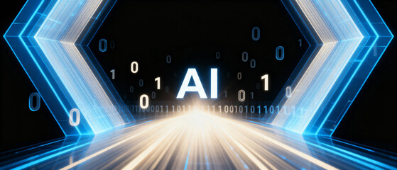 AI glowing in digital tunnel with binary code