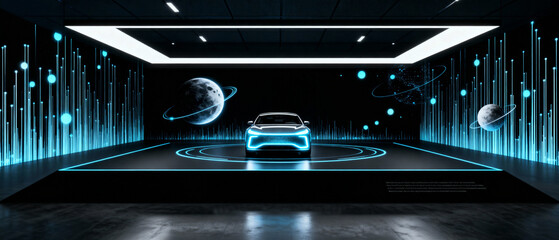 Futuristic car on glowing platform in dark room
