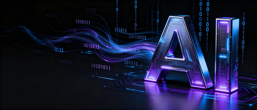 AI letters with glowing circuit patterns and binary code - Powered by Adobe