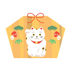 招き猫　松竹梅　絵馬　イラスト素材　お正月　祈願　金運　商売繁盛