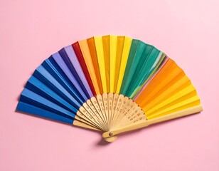 Open, colorful hand fan, composed of numerous rainbow-colored segments