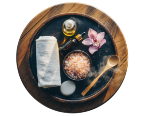Top view of natural spa bath salts in wooden bowl, essential oil bottle, pink Himalayan salt, dried flowers and candle. Isolated PNG image on transparent background.