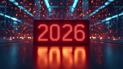 2026 digital display clock showing the year ahead with blurred futuristic background