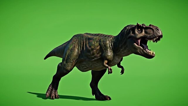 Walking dinosaur with textured skin and small arms on a vibrant green screen background