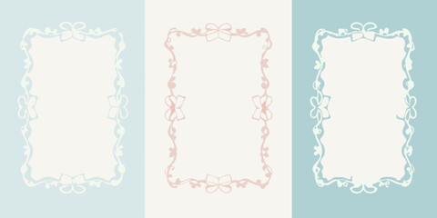 Three decorative frames with floral and ribbon motifs in pastel shades