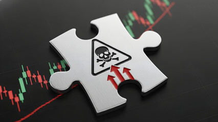 Toxic investment risk concept with financial chart and danger symbol representing volatile market threats and unpredictable economic hazards