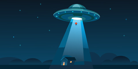 A glowing ufo beams a small figure from a rural house at night © Sudebi