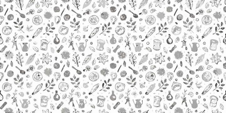 A whimsical detailed pattern of hand drawn kitchen items and botanical elements