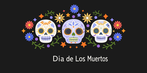 Colorful sugar skulls and floral decorations celebrate the day of the dead