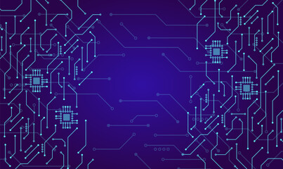 Futuristic blue technology background with glowing blue circuit lines and microchip elements, digital network structure design with space for text dedicated to innovation, data and high-tech concepts.