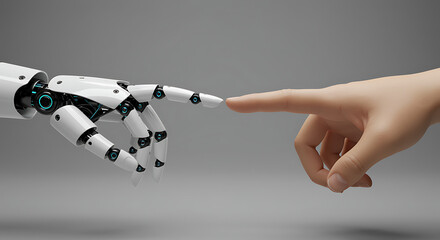 Robot hand touching human finger in futuristic interaction