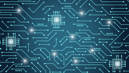 Futuristic circuit board background with glowing microchips and neon blue electronic lines on dark surface, high-tech digital network design for computing, data and innovation concepts.