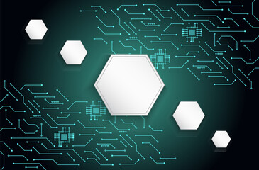 Futuristic technology background with glowing circuit lines, microchips and white hexagon elements, modern digital network design with geometric shapes for innovation and hi-tech concepts.