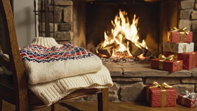 Folded knitted sweater with traditional winter patterns resting on a wooden chair by a crackling fireplace and cozy gifts cozy gifts, sweater, fire