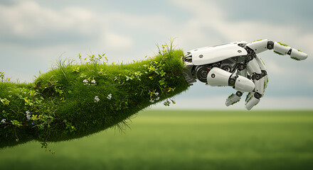 Robot hand holding green branch in open field