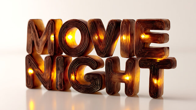 3D text MOVIE NIGHT witd LED lights on a white background.