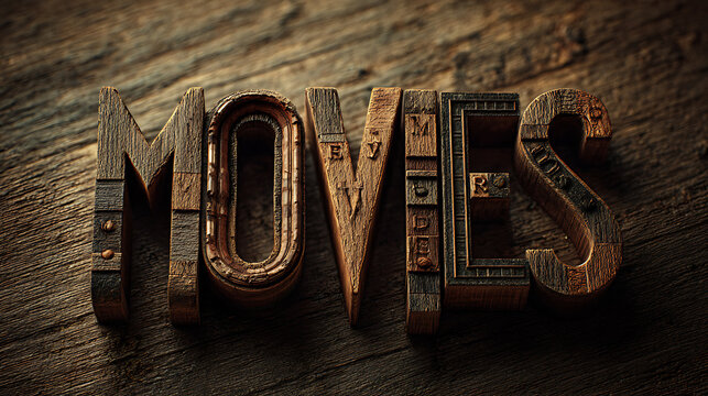 3D wooden MOVIES text on a wooden table.