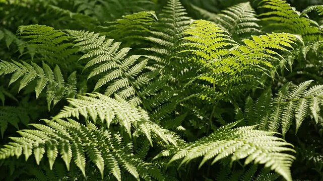 Sunlight shines on a dense patch of vibrant green ferns, creating a textured, natural background