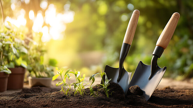 Close-up photo of garden maintenance tools including a shovel partially stuck in dark fertile soil, with young seedlings and sunlight filtering through leaves.