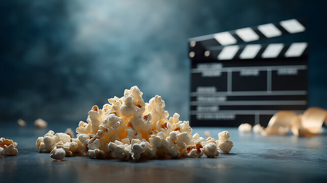 Epic cinematic shot of film clipper and pop corn.