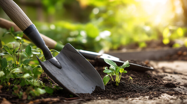 Close-up photo of garden maintenance tools including a shovel partially stuck in dark fertile soil, with natural backyard background.