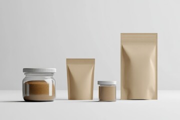 Various types of coffee packaging including bags boxes and cans on a wooden surface