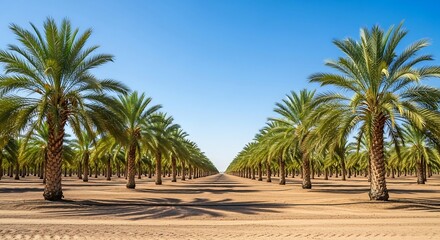 Obraz premium Date Palm Tree Plantation Under Clear Blue Sky in Arid Landscape.