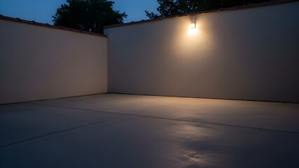 Evening image of a small empty backyard with concrete patio and single weak light on the wall, slightly moody atmosphere, perfect for virtual staging and outdoor product composites
