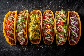 Three tacos arranged on a plate with fresh toppings and colorful ingredients