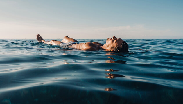 Person relaxing on their back floating in calm open water during daytime.