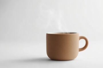 Cup with steaming hot beverage on a wooden table in a cozy setting
