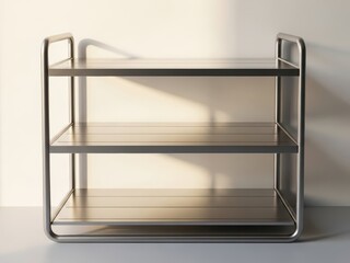 Modern metal shelving unit with three glass shelves