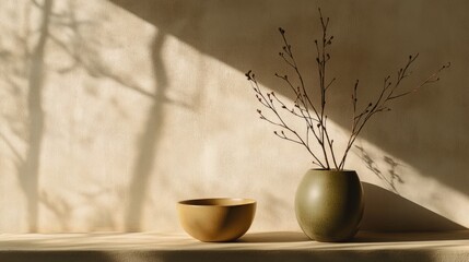 Vase with green plant on wooden table in bright room with natural light