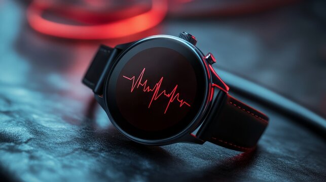 Smart watch displaying heart rate and fitness information on a digital screen - Powered by Adobe