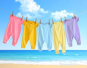Pastel baby clothes hanging on a line, beach and sky in background